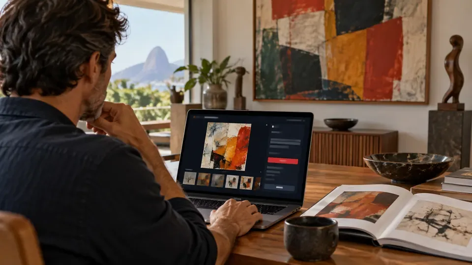 Colecionador acompanha um leilão de arte pelo computador