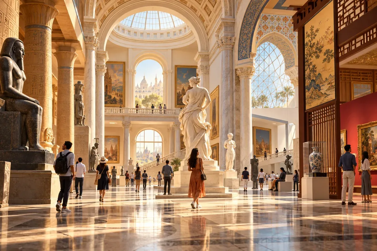 Ilustração editorial de um museu com galerias amplas, molduras e visitantes observando obras de arte.