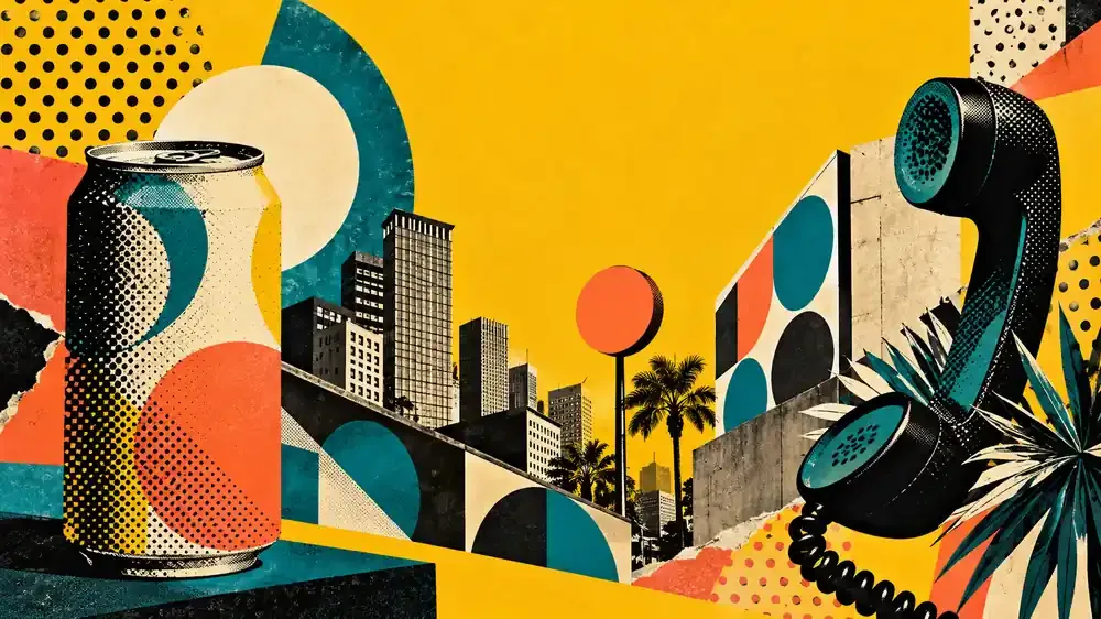 Colagem original inspirada na linguagem pop, com lata sem marca, telefone, formas gráficas e fundo amarelo