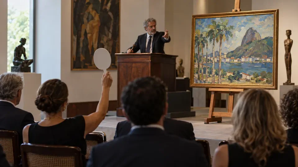 Participante oferece um lance em um leilão de arte presencial