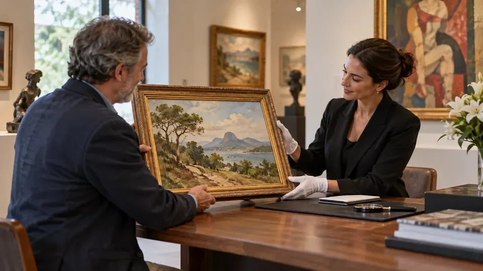 Proprietário apresenta uma pintura a uma especialista em leilões