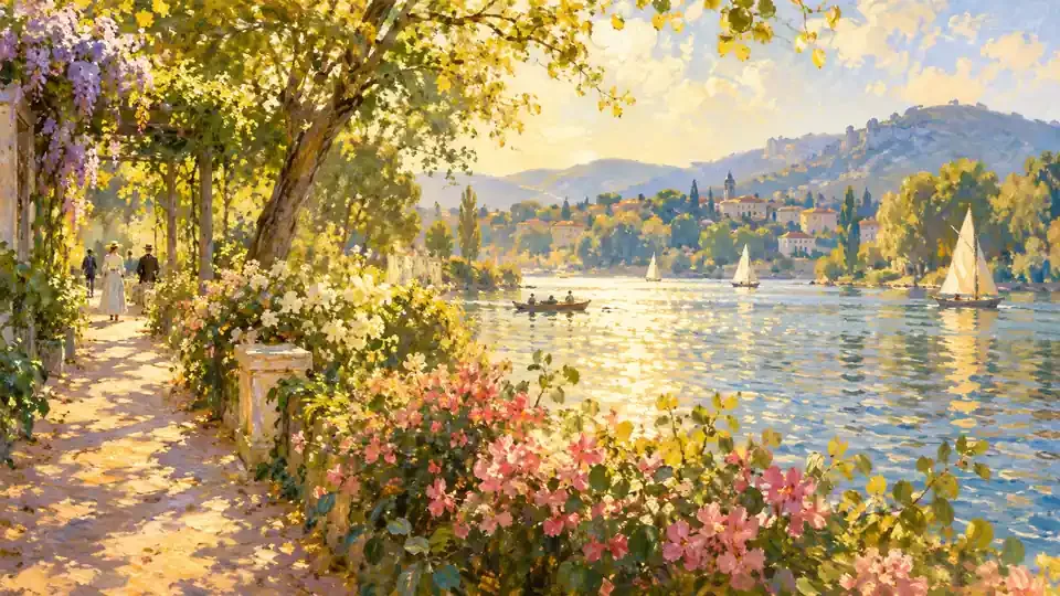 Pintura original em tons amarelados com jardim iluminado e pinceladas inspiradas no impressionismo