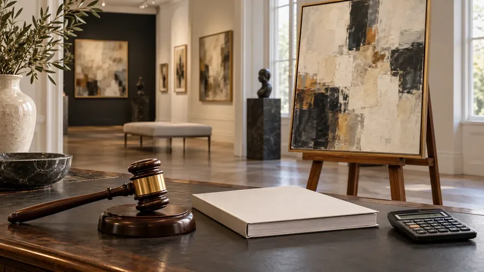 Pintura em galeria com martelo de leilão, catálogo e calculadora