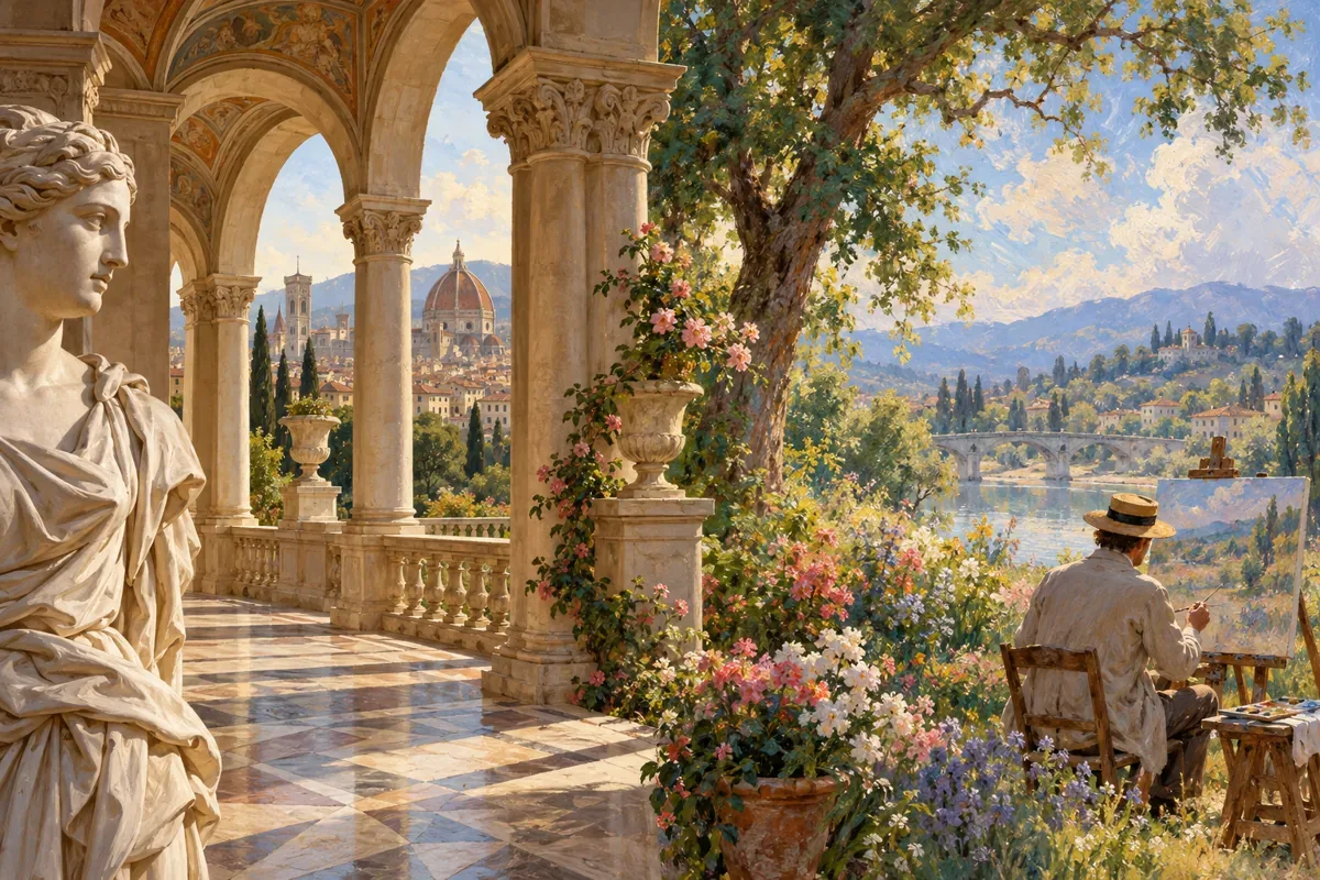 Ilustração editorial original que acompanha a passagem do Renascimento ao Impressionismo, com arquitetura clássica e uma paisagem pintada ao ar livre.