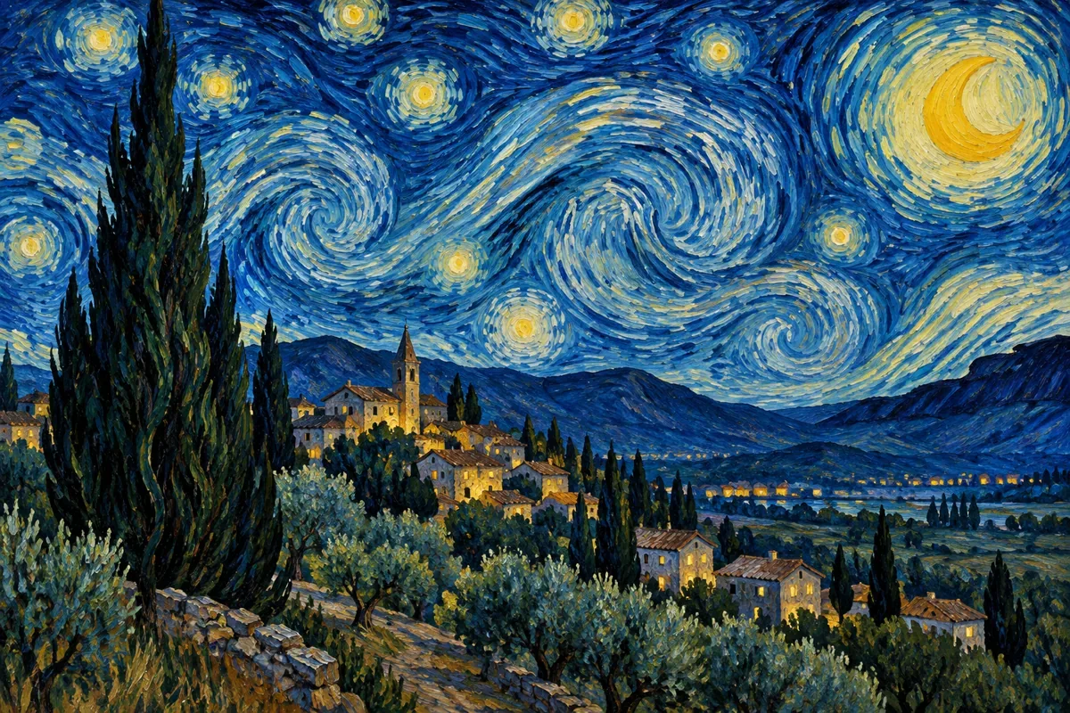 Ilustração editorial original de um vilarejo provençal sob um céu azul com estrelas luminosas, inspirada no tema de A Noite Estrelada.