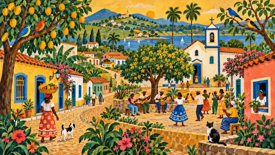 Ilustração original de uma festa em vila brasileira com cores amareladas e perspectiva intuitiva da arte naïf