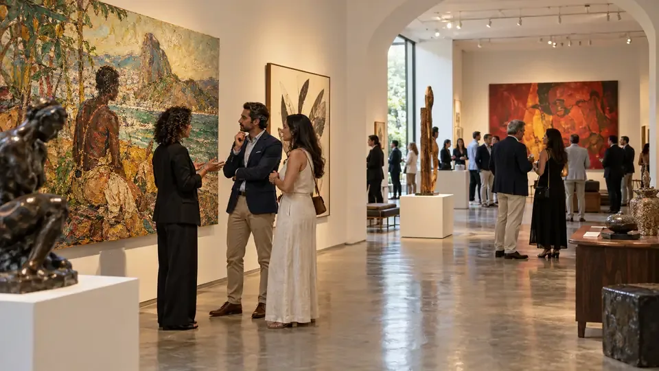 Visitantes observam pinturas e esculturas em uma galeria