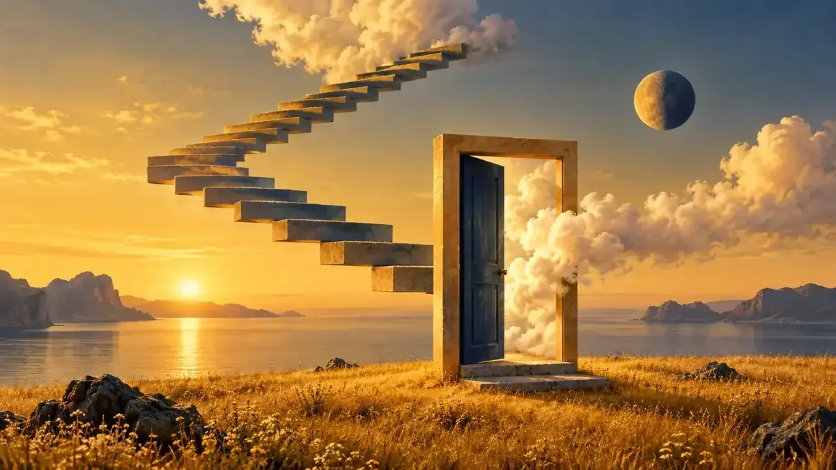 Paisagem surrealista dourada com escada suspensa, porta azul entre nuvens e lua sobre o horizonte