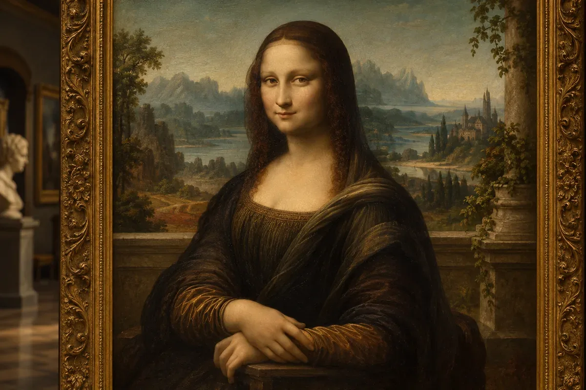 Ilustração editorial digital inspirada na Mona Lisa, com moldura dourada e paisagem ao fundo.