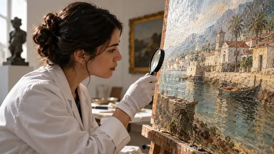 Especialista examina os detalhes de uma pintura antes do leilão