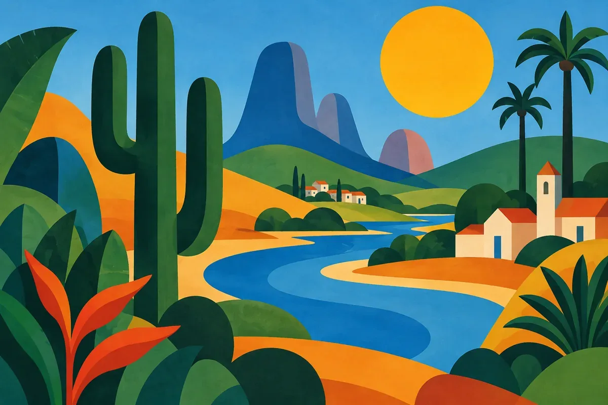 Ilustração editorial abstrata com formas geométricas e paisagem tropical em amarelo, azul e verde, criada para acompanhar o artigo sobre Tarsila do Amaral.