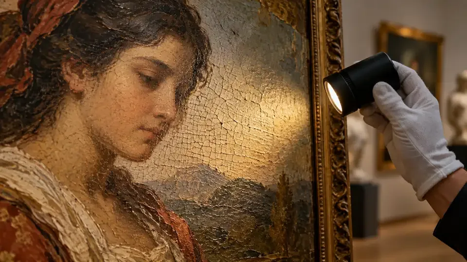 Luz lateral revela textura e fissuras de uma pintura