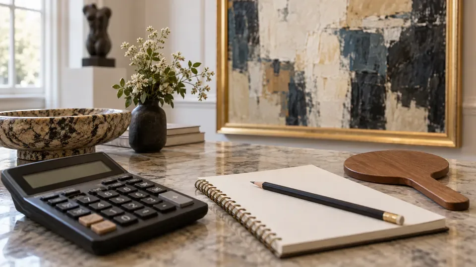 Calculadora, caderno e raquete de lance para planejar a compra de arte