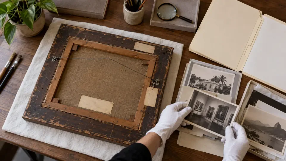 Documentação e verso de uma pintura para análise de procedência