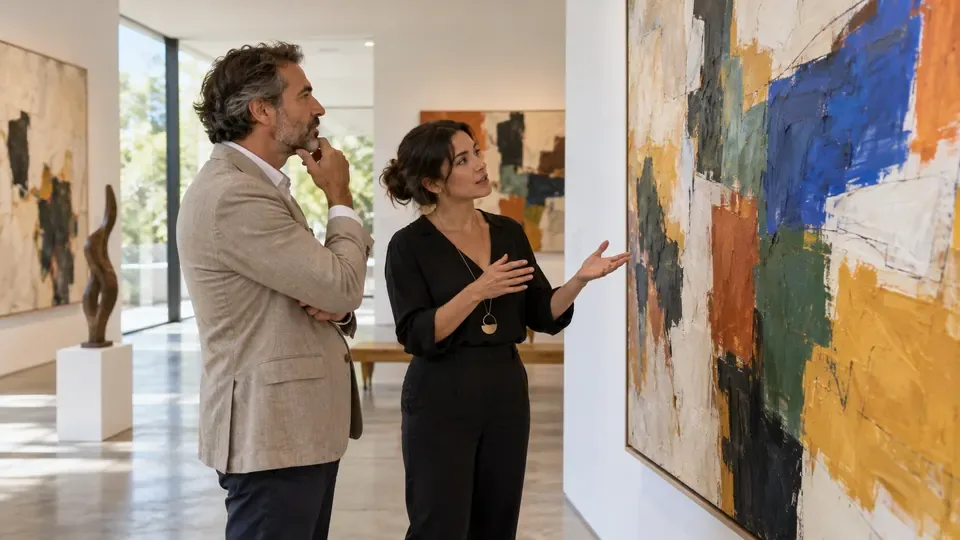 Galerista apresenta uma pintura a um colecionador